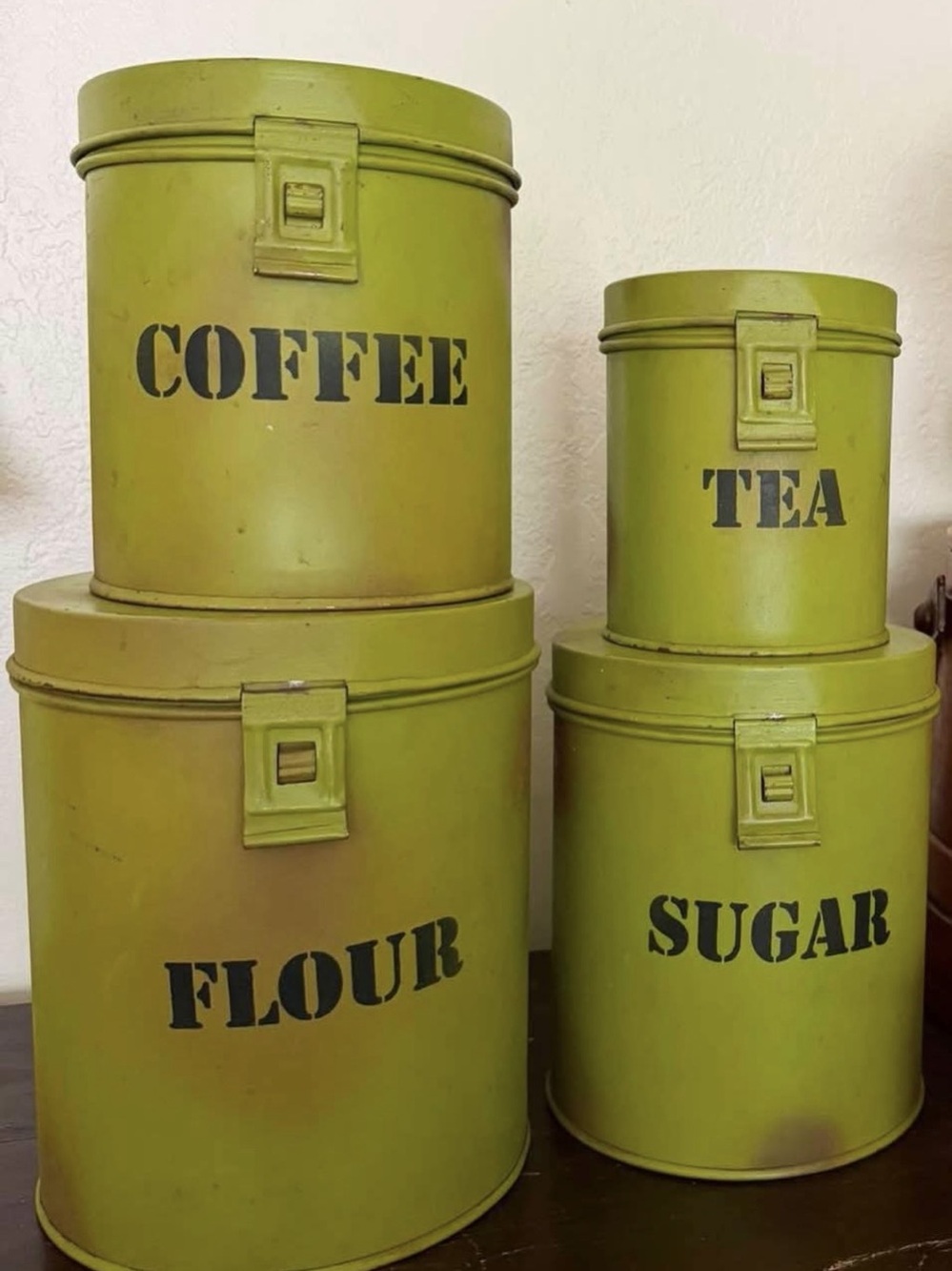 VTG Two’s Company Green Tin Canister Set - 4 Pc Rustic Farmhouse Kitchen